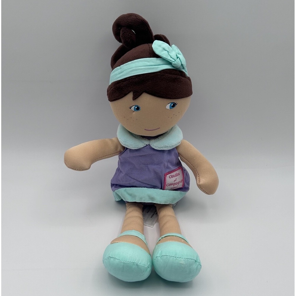 Doudou et Compagnie Paris Doll Brunette Girl‎ Purple Dress Plush Stuffed 13"